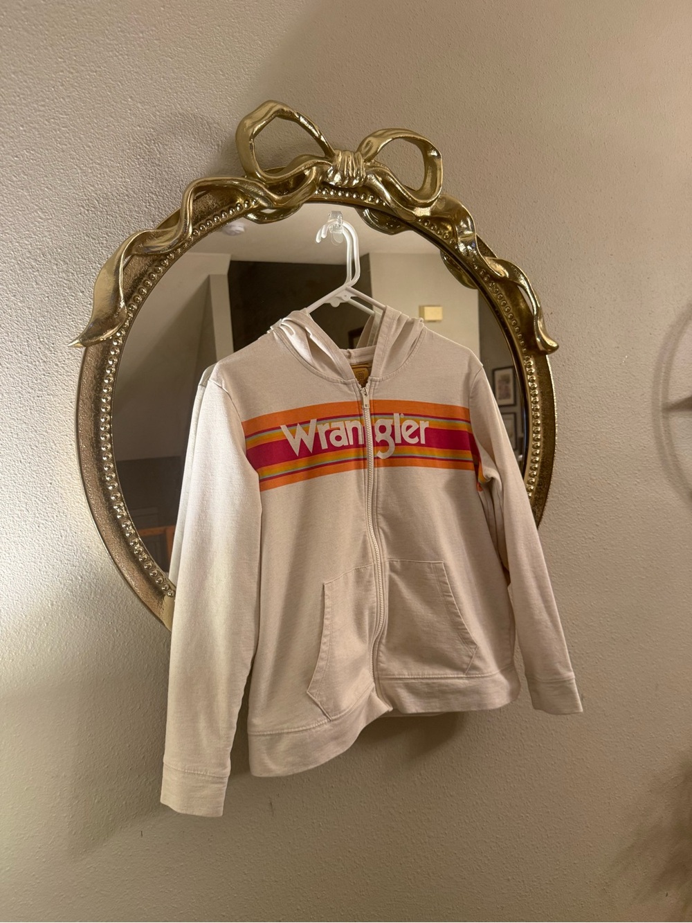 Wrangler Cream Zip Hoodie with Retro Red-Orange-Yellow Stripes